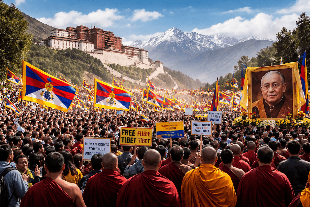 Tibetan protest in Dharamshala with Dalai Lama portrait